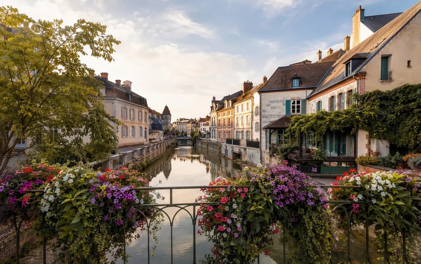 Canal de Montargis traversé par une passerelle fleurie, maisons en pierre au bord de l'eau