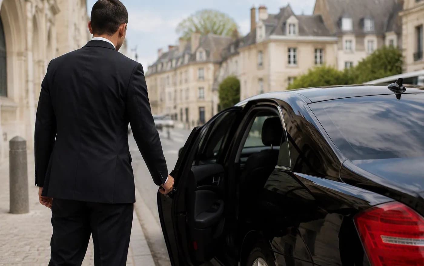 Chauffeur professionnel de Montargis Taxi ouvrant la portière arrière d'une berline élégante